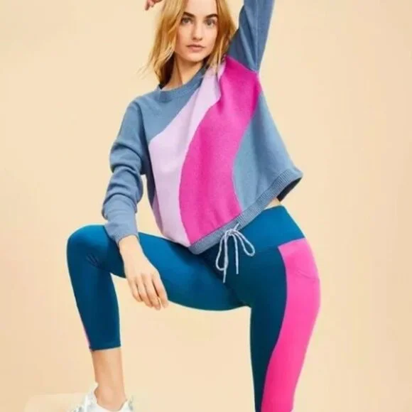 Lou & Grey Colorblock Sweater Womens Small Gray Pink Drawstring Relax Slouchy - Picture 6 of 7